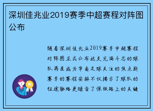 深圳佳兆业2019赛季中超赛程对阵图公布